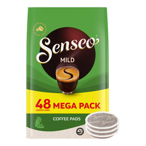 Senseo Mild coffee pads packaging with a stack of pads on a white background