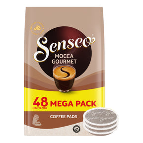 Senseo Mocca Gourmet coffee pads packaging with a stack of pads on a white background
