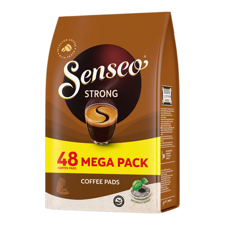 Senseo Strong coffee pads packaging with a brown and yellow design on a white background