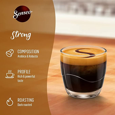 Glass of strong coffee with Senseo branding and product features on a wooden surface