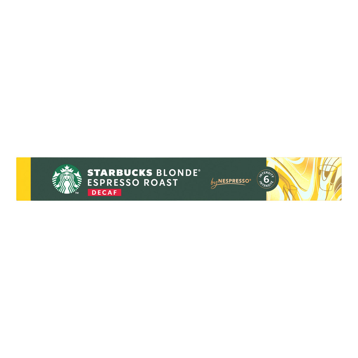 Starbucks Blonde Espresso Roast decaf Nespresso capsule packaging on a white background