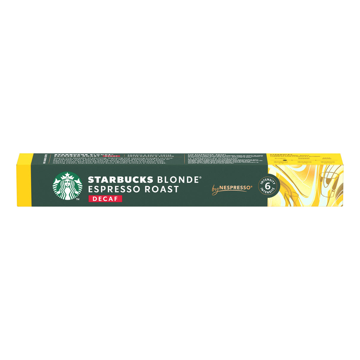 Starbucks Blonde Espresso Roast decaf Nespresso capsule on a white background