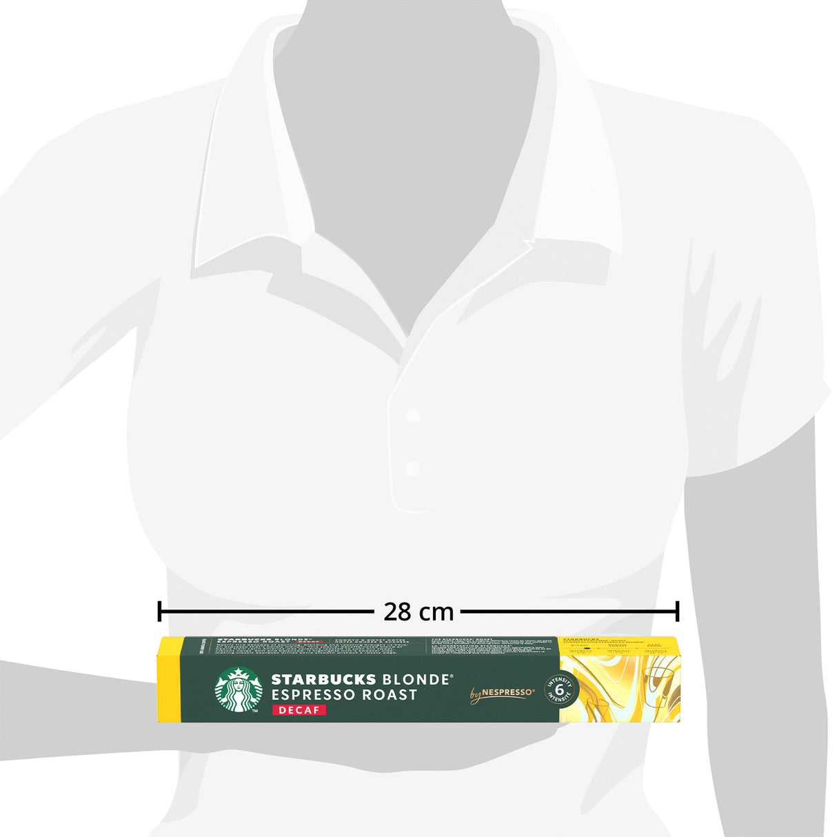 Starbucks Blonde Espresso Roast Decaf coffee package shown on a person's arm for scale.