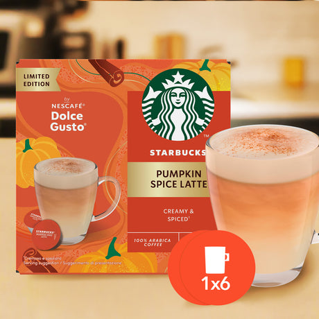 Starbucks Pumpkin Spice Latte NESCAFé Dolce Gusto packaging with a cup of coffee in the background.