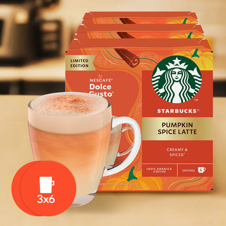 Starbucks Pumpkin Spice Latte coffee pods with a cup of coffee on a beige background