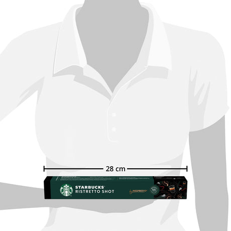 Starbucks Bistretto Shot packaging shown on a mannequin for scale.