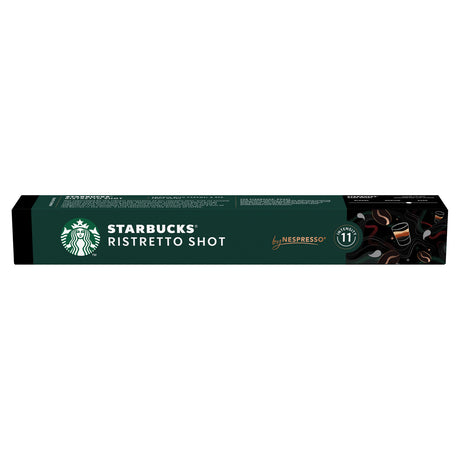 Box of Starbucks Ristretto Shot Nespresso capsules on a white background