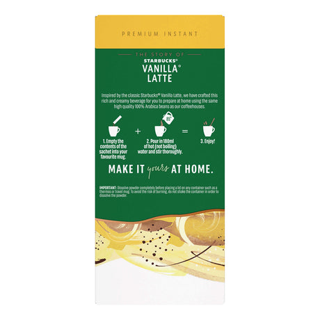 Starbucks Vanilla Latte instant coffee package with green and yellow design.