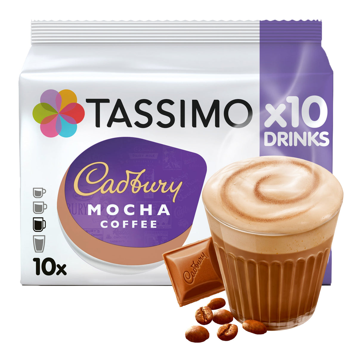 Tassimo Cadbury Mocha Coffee package with a glass of coffee and chocolate bar on a white background