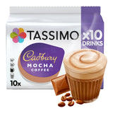 Tassimo Cadbury Mocha Coffee package with a glass of coffee and chocolate bar on a white background