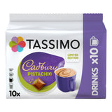 Tassimo Cadbury Pistachio coffee pod packaging on a white background