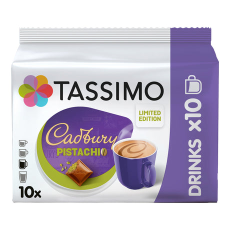 Tassimo Cadbury Pistachio coffee pod packaging on a white background
