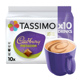 Tassimo Cadbury Pistachio coffee package with a purple mug on a white background
