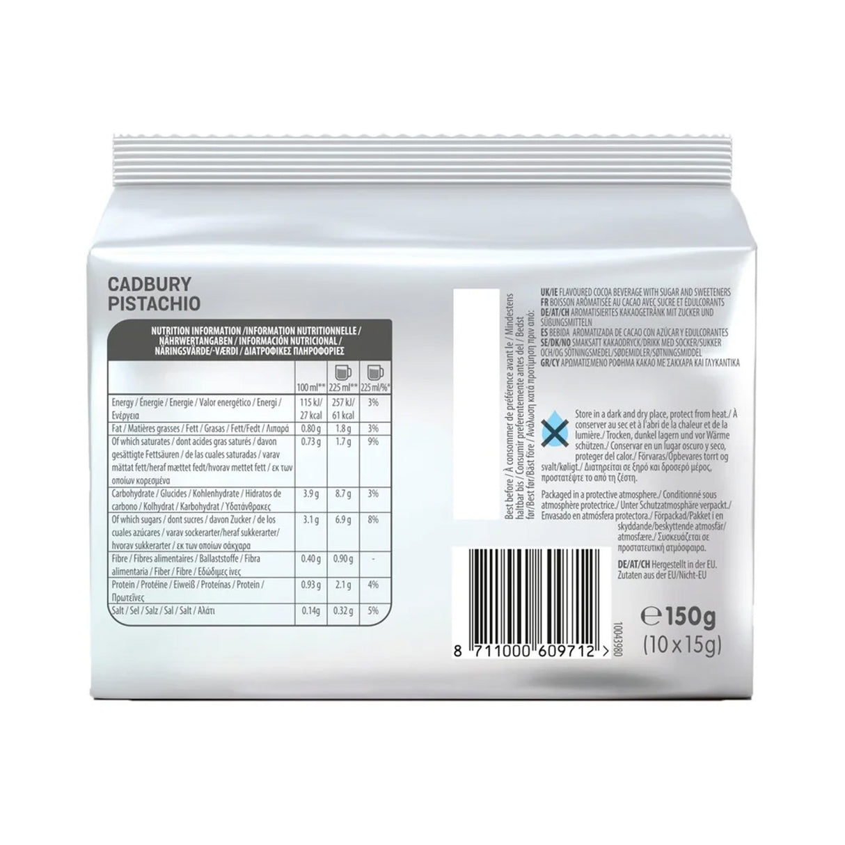 Cadbury Pistachio chocolate packaging with nutritional information and barcode on a white background