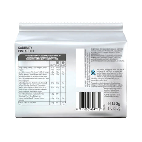 Cadbury Pistachio chocolate packaging with nutritional information and barcode on a white background