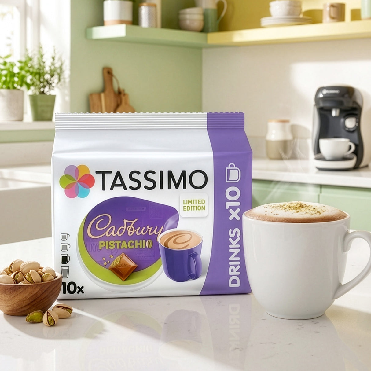 Tassimo Cadbury Pistachio coffee pod packaging in a kitchen