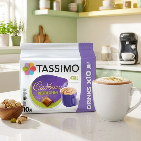 Tassimo Cadbury Pistachio coffee pod packaging in a kitchen