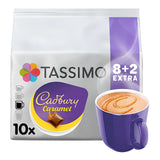 Tassimo Cadbury Caramel coffee pack with a purple mug on a white background