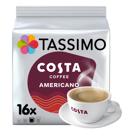 Tassimo Costa Coffee Americano packaging with a cup and saucer on a white background
