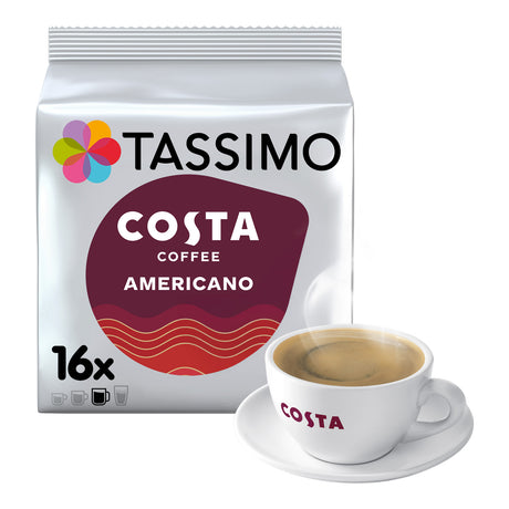 Tassimo Costa Coffee Americano package with a cup of coffee on a white background