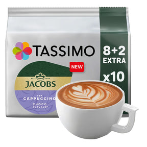 Tassimo Jacobs coffee pod package with a cup of cappuccino on a white background