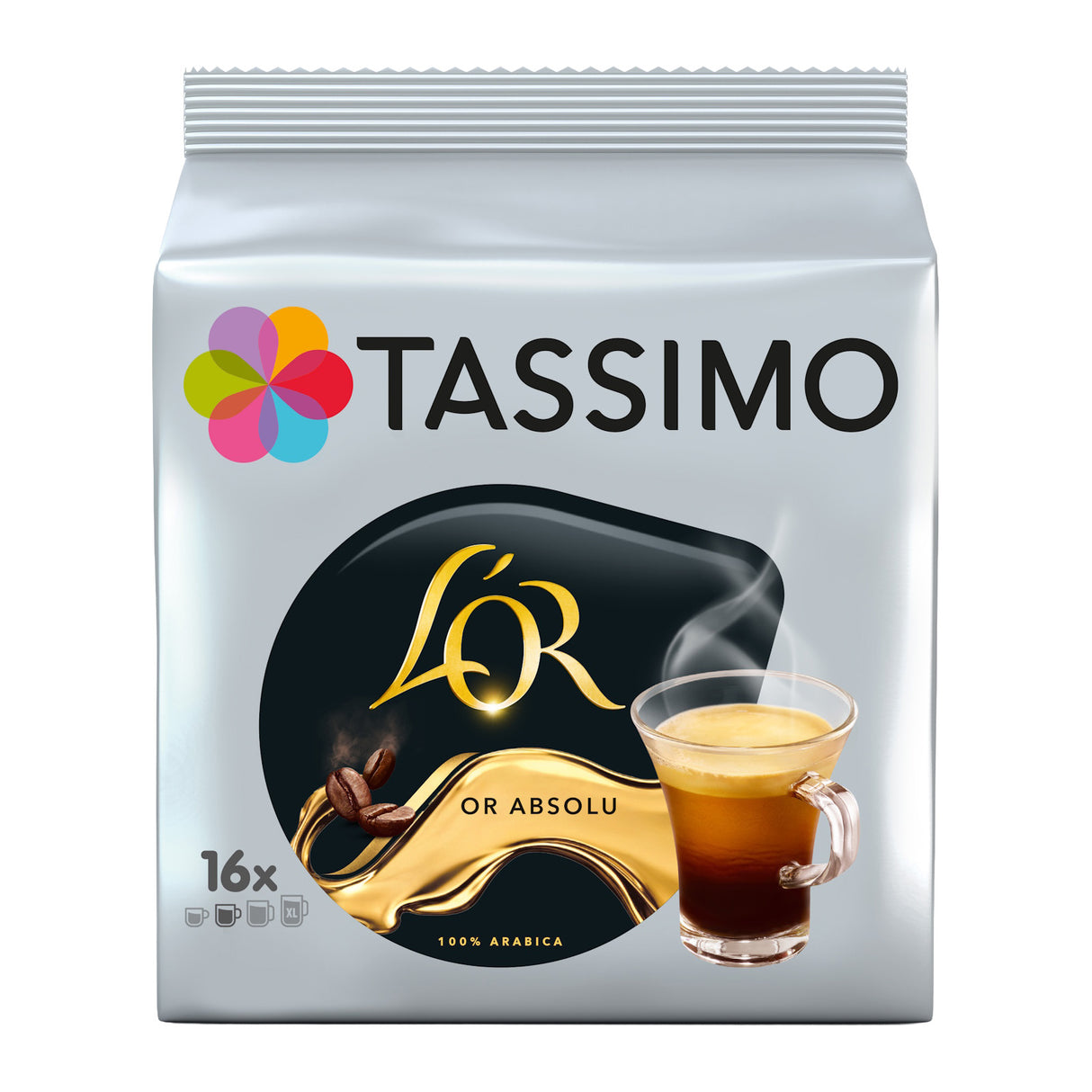Tassimo coffee pod packaging with L'Or Absolu branding on a white background
