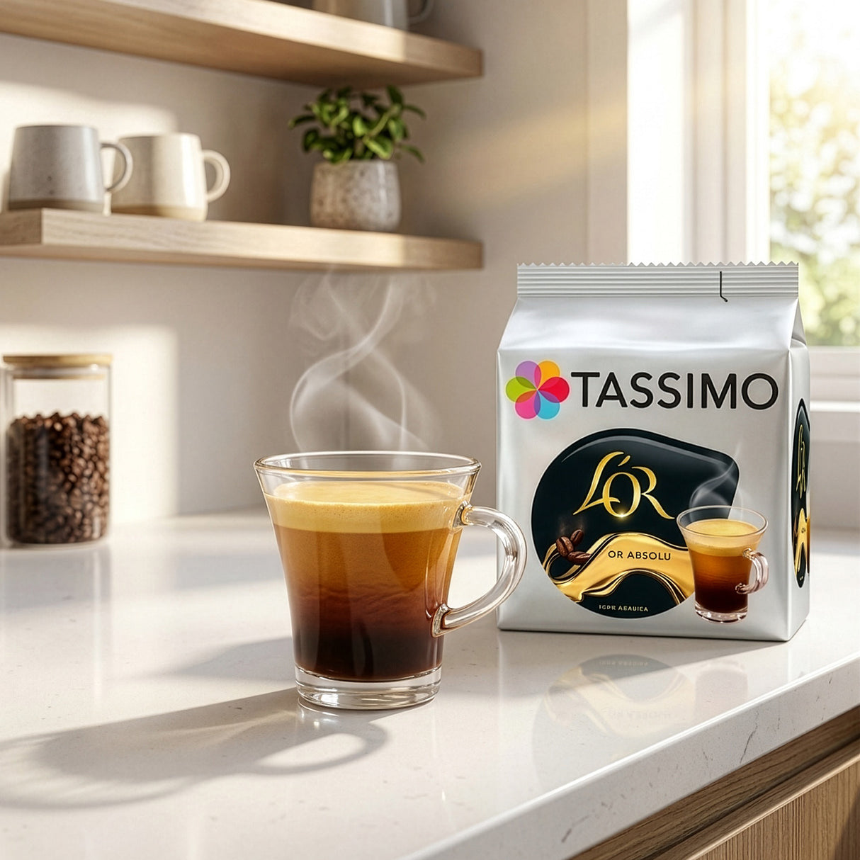Tassimo coffee pod packaging with a steaming glass of coffee on a kitchen counter.