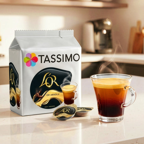 Tassimo coffee pod packaging with a glass of coffee on a kitchen counter.