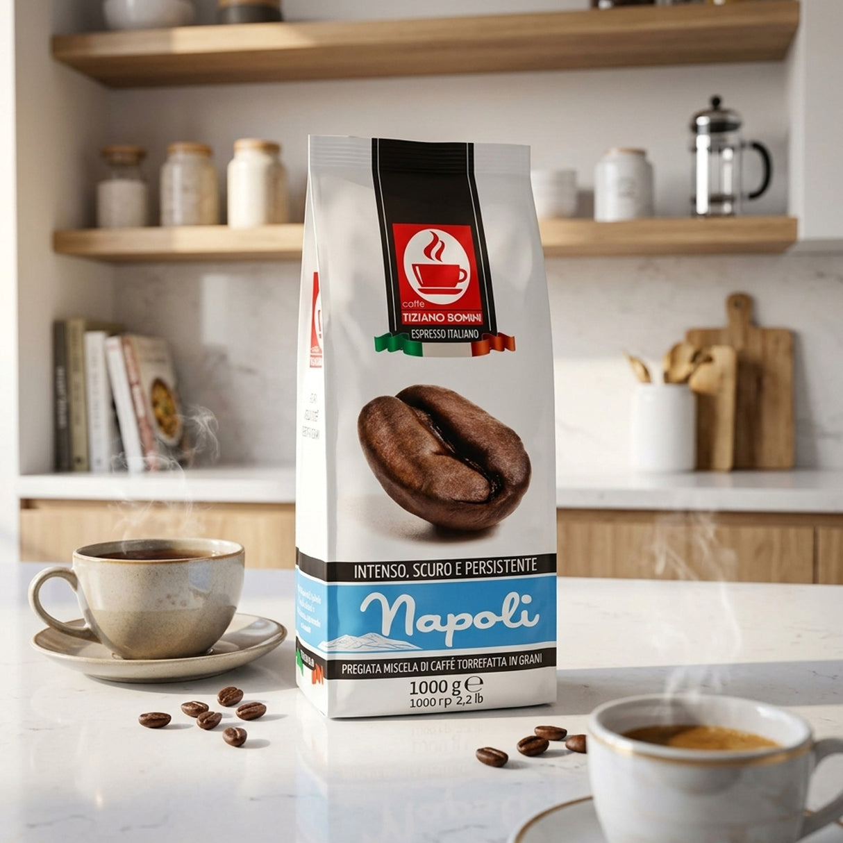 A bag of Napoli espresso coffee stands on a kitchen counter with two cups of coffee and scattered coffee beans in a warm, blurred kitchen setting.
