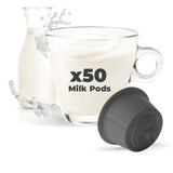 A pack of Tiziano Bonini Dolce Gusto compatible milk coffee pods, with an image of a milk pod and a cup of milk in the background.
