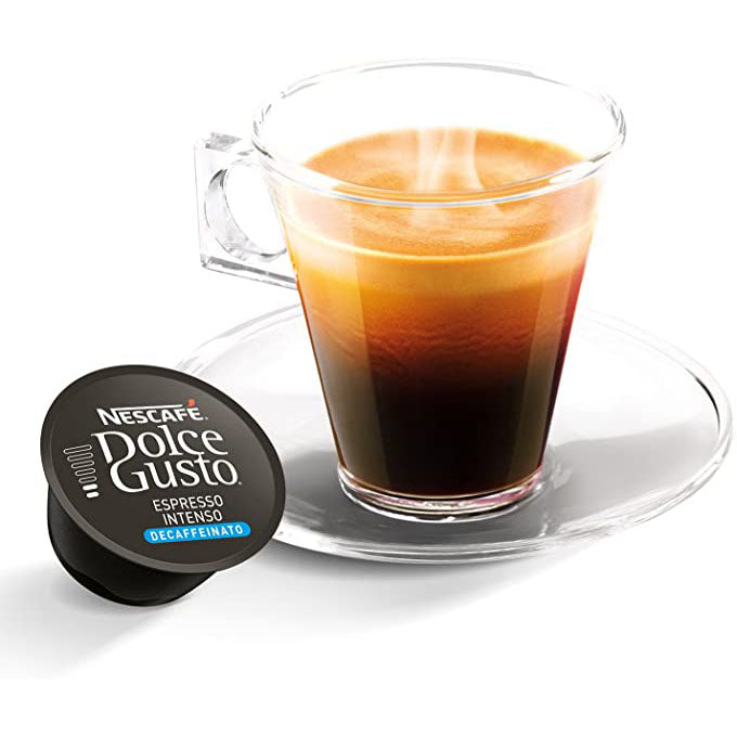 Dolce Gusto Espresso Intenso Decaf Coffee Pod with cup of  Dolce Gusto Espresso Intenso Decaf