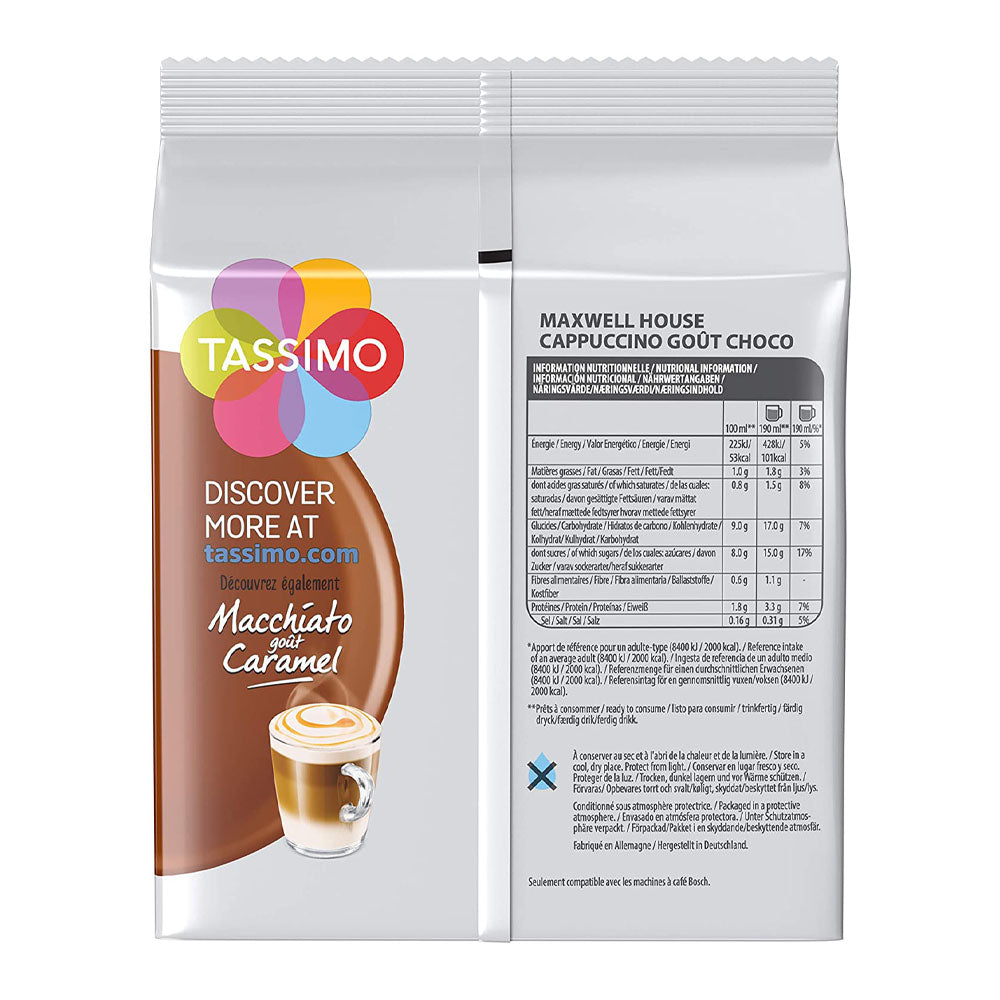 Tassimo Maxwell House Cappuccino Chocolate Coffee Pods back of packet